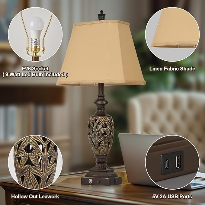 29.5" H Touch Traditional Table Lamp Set of 2,Vintage Bedside Nightstand Lamps with Dual USB and
