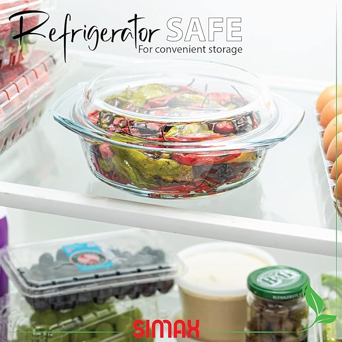 Simax Casserole Dish with Lid, 2 Quart Round Glass Casserole Dishes for Oven with Lid and Handles