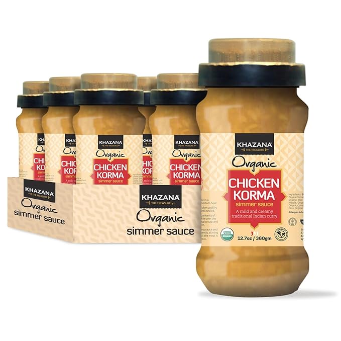 Khazana ORGANIC Chicken Korma Indian Simmer Sauce - 6 x 12.7oz Jars | Non-GMO, Vegan, Gluten Free