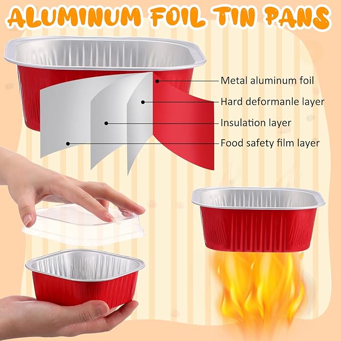 Aoriher 150 Pieces 10 oz Mini Cake Pans with Lids Aluminum Foil Baking Cups Square Disposable 4" x