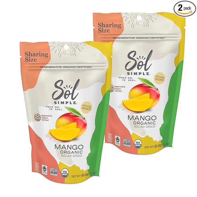 SOL SIMPLE Organic Dried Mango | 6oz Snack Pack (2 Bags Total) | One Ingredient | Vegan | Non-GMO |