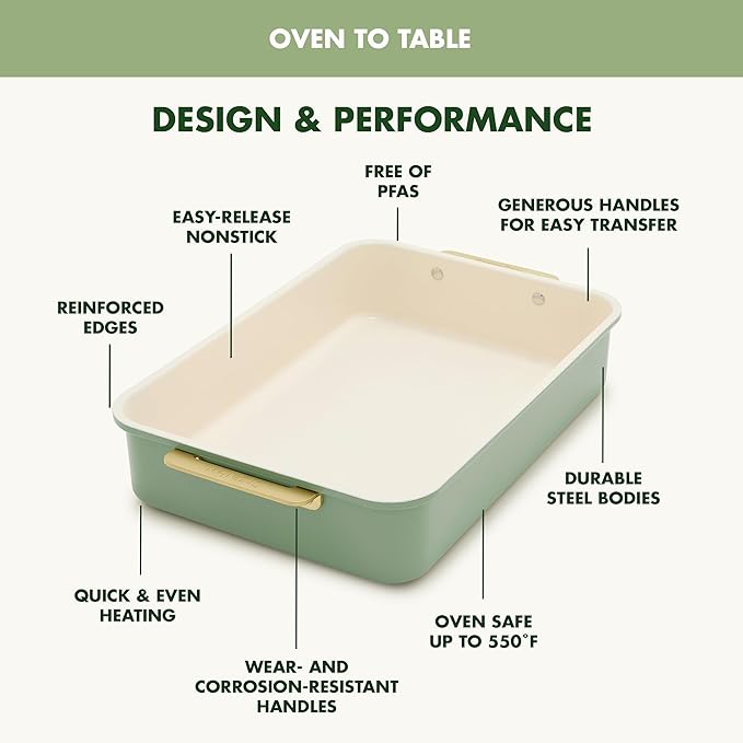 GreenPan Bakeware Rectangular Cake Pan, Ceramic Nonstick Baking Pan, PFAS & BPA Free, Gold Handles