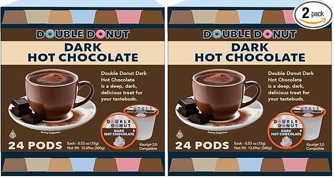 Double Donut Dark Hot Chocolate Pods for Keurig K Cups Brewers, Single Serve Dark Hot Cocoa Pods