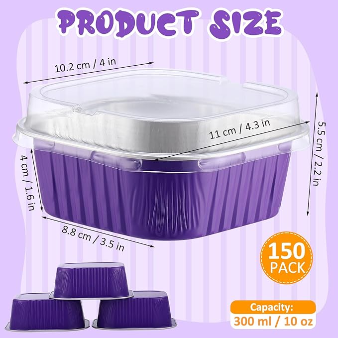Aoriher 150 Pieces 10 oz Mini Cake Pans with Lids Aluminum Foil Baking Cups Square Disposable 4" x