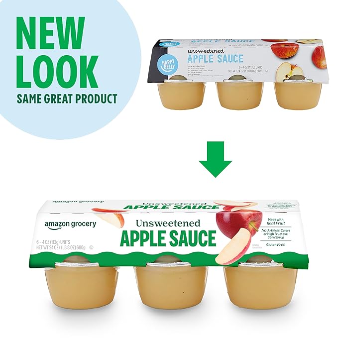 Amazon Grocery, Unsweetened Apple Sauce, 4 Oz, Pack of 6 (Previously Happy Belly, Packaging May