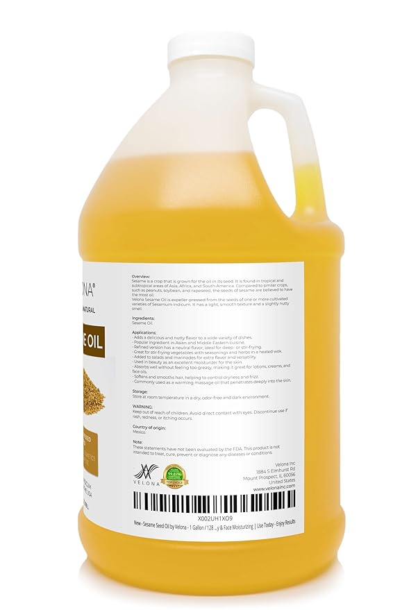 Sesame Seed Oil by Velona - 1 Gallon / 128 Fl Oz | 100% Pure and Natural Carrier Oil | Refined