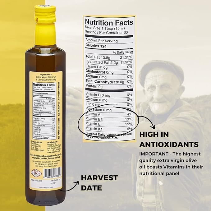 Papa Vince Olive Oil Extra Virgin - First Cold Pressed, Polyphenol Rich Olive Oil (EVOO). Lemon