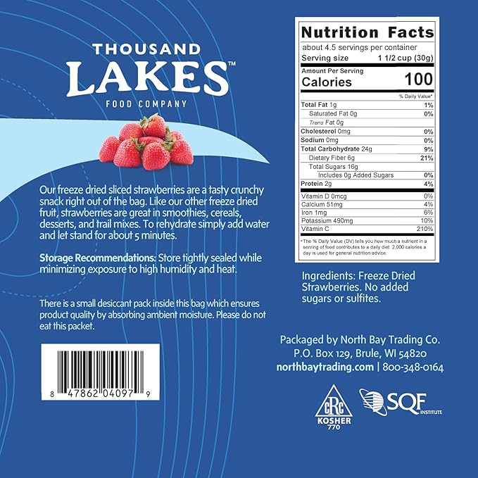 Thousand Lakes Freeze Dried Sliced Strawberries, Premium Fruit - Bulk 5 oz | No Sugar Added | 100%