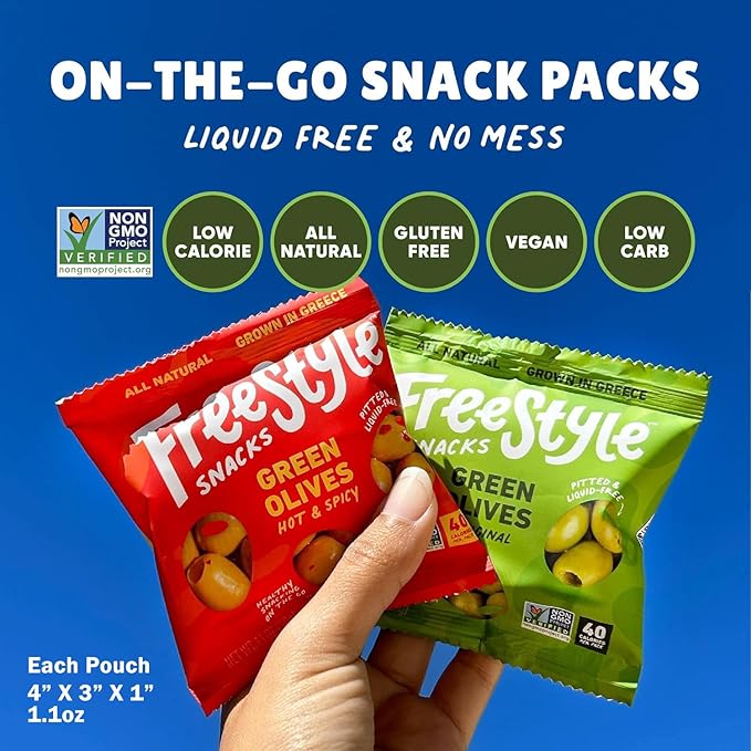 Freestyle Snacks Olive Snack Packs - Bulk Party Pack - Fresh Pitted Green Olives, Jumbo-Sized