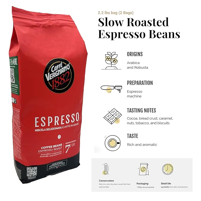 Caffe Vergnano 1882 Espresso Whole Bean Arabica Roast Coffee, 2.2 lb bag - Italian Medium Roast