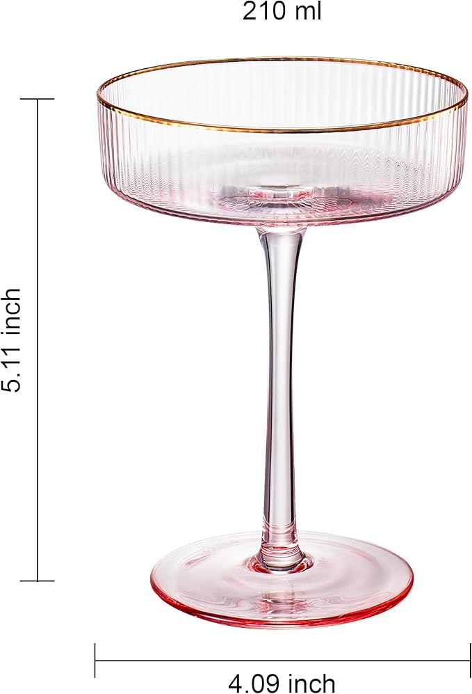 Khen Ribbed Vintage Art Deco Coupe Glasses - Martini, Champagne & Cocktail Ribbed Glasses 8oz |