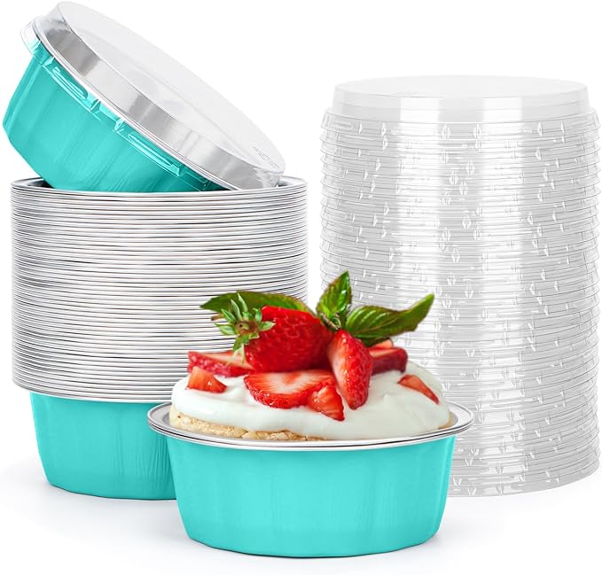 Beasea 8 oz 50 Pack Disposable Ramekins with Lids, Aluminum Cups for Baking Elegant Blue Aluminum