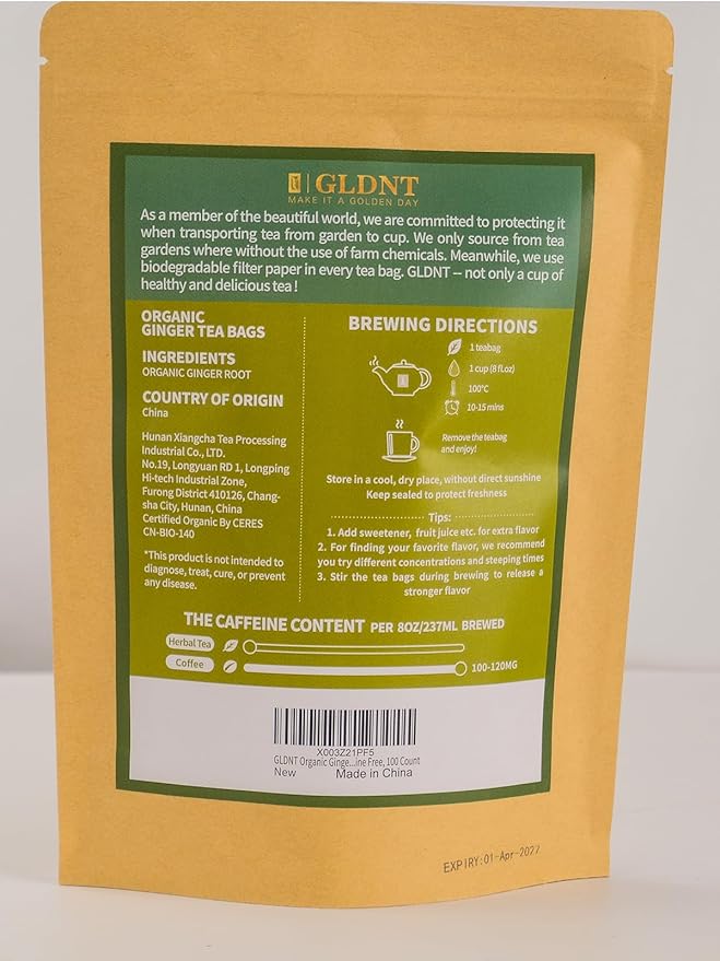 GLDNT Organic Ginger Tea Bags, Natural Organic Ginger Root Tea, Spicy & Zesty Flavor, Caffeine