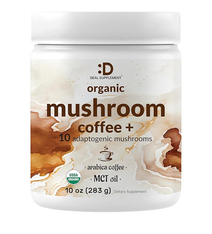 Organic Mushroom Coffee, 10oz – 10 Adaptogenic Mushrooms with Arabica Coffee + MCT Oil for Smooth
