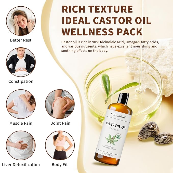 Organic Castor Oil 16 oz, 100% Pure Cold Pressed Castor Oils for Hair Growth, Eyebrows, Eyelash