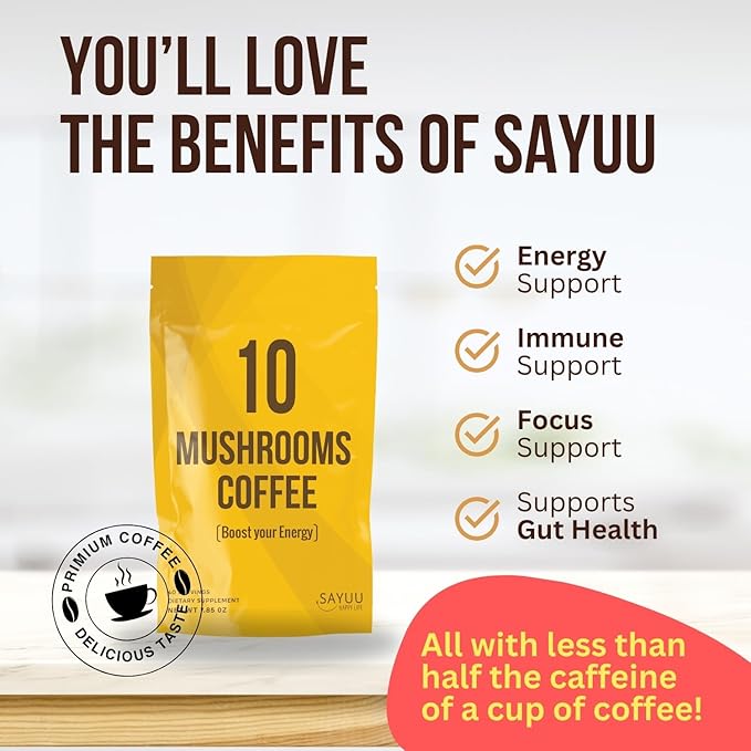 SAYUU 10 Mushroom Coffee Blend - Premium Colombian Coffee with Lion's Mane, Reishi, Cordyceps