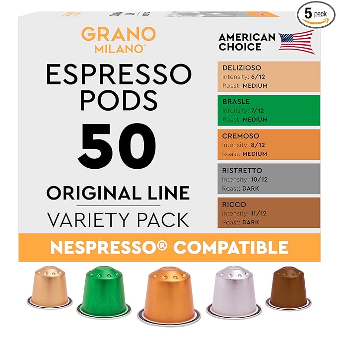 Grano Milano Variety Pack Coffee Capsules - 50 Aluminum Coffee Pods Compatible With Nespresso
