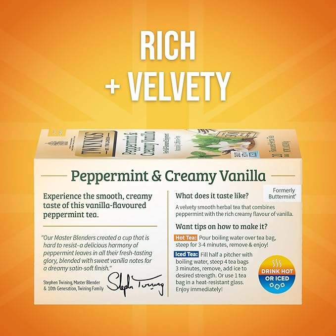 Twinings Peppermint & Creamy Vanilla Herbal Tea Individually Wrapped Bags, 20 Count (Pack of 6)