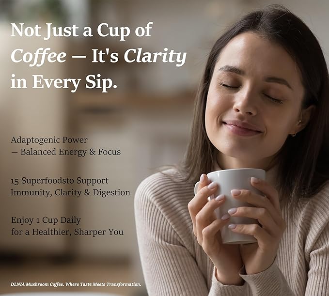 DLNIA Organic Mushroom Coffee with 12 Adaptogenic Mushrooms, Arabica Beans, Coconut Milk & MCT Oil