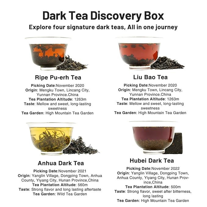 iTeaworld Chinese Dark Tea Sampler, Includes Aged Pu'erh, Liu Bao, Anhua, Hubei, 20 Packs with 20