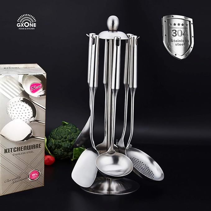 Kitchen Utensil Set ??6 Piece Stainless Steel Cooking Utensils with Rotating Holder Organizer