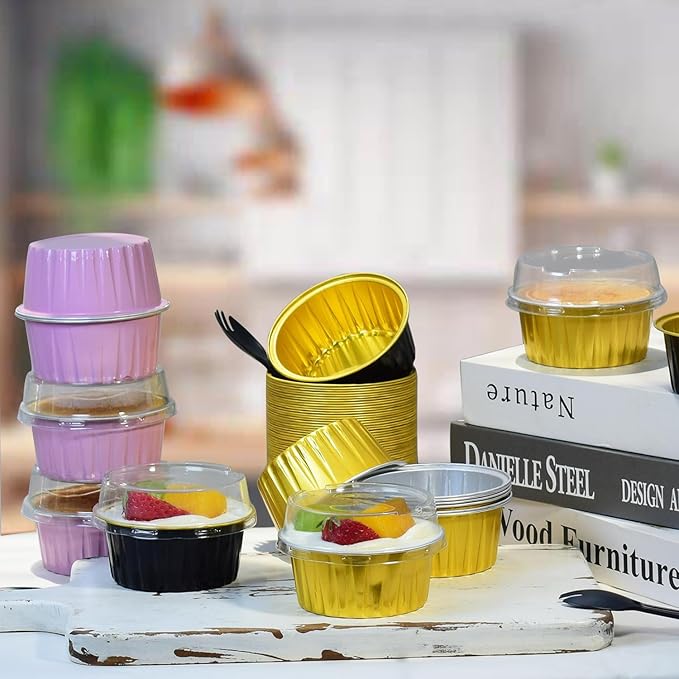 60 Pcs Mini Cake Pans with Lids,5oz Aluminum Foil Baking Cups Round Mini Disposable Ramekins 125ml
