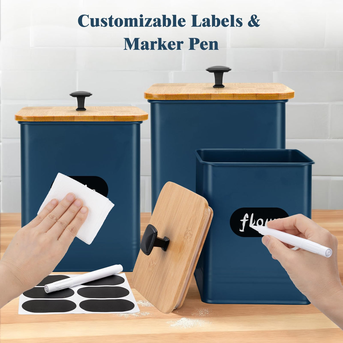 Kitchen Canisters Set of 3, Metal Flour Sugar Storage Containers with Airtight Lids-Canisters Sets