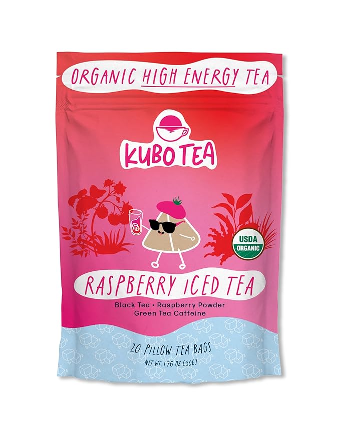 Kubo Tea Organic High Energy Iced Tea - High Caffeine Raspberry Blend - Healthy Coffee Substitute