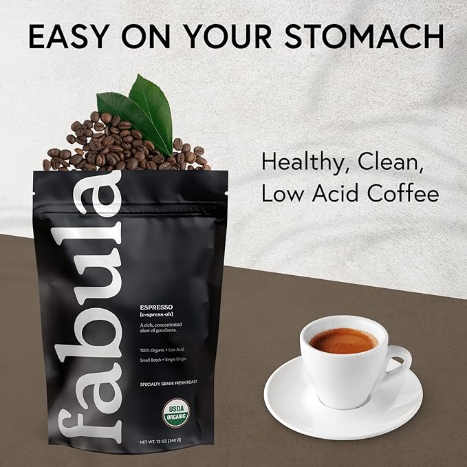 Fabula Low Acid Coffee Beans Whole, Organic Espresso Coffee - Non-GMO - No Molds - Mycotoxins