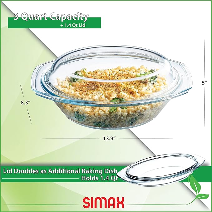 Simax Clear Oval Shaped Glass Casserole with Tight Fitting Lid ??Heat, Cold and Shock Proof ??Made