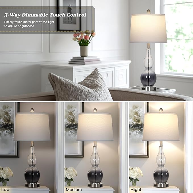27.5" Gradual Gray Clear Glass Table Lamp Set of 2,3-Way Dimmable Touch Control Bedside Lamps with