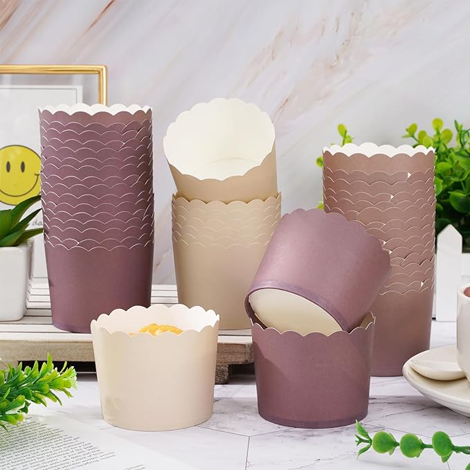 Whaline 120Pcs Brown Paper Baking Cups Scalloped Edge Cupcake Wrappers Gradient Brown Cupcake