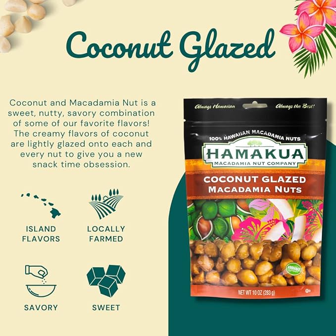 Hamakua Macadamia Nuts - Sweet Glazed Coconut - Hawaiian Grown Flavored Dry Roasted Half and Whole