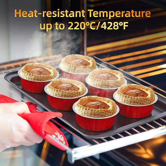 Beasea Disposable Ramekins for Baking, 120 Pack 8 oz 4 Inch with Lids Mini Red Foil Creme Brulee