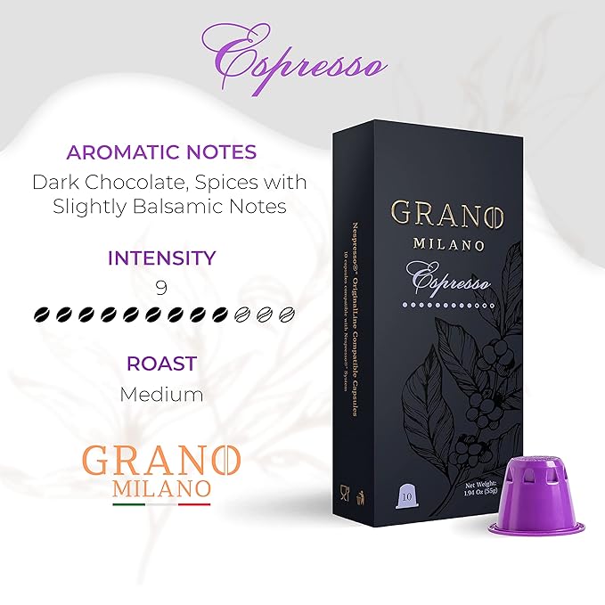Grano Milano - 50 Espresso Pods Compatible with Nespresso Original line, Medium Roast - Intensity