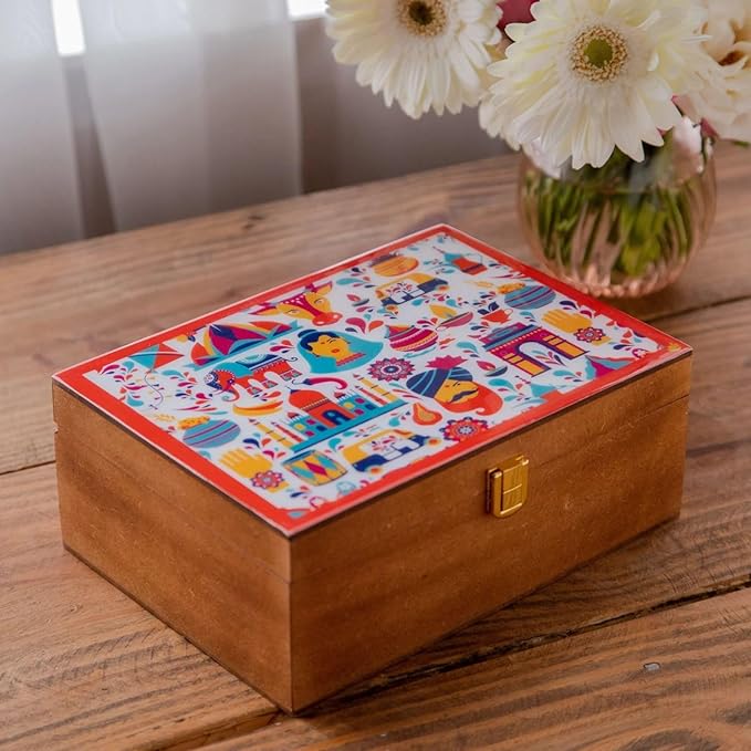 Octavius Gift's Select - Assorted Tea in Multi Design Printed Wooden Box | 6 Flavors, 90 Tea Bags |