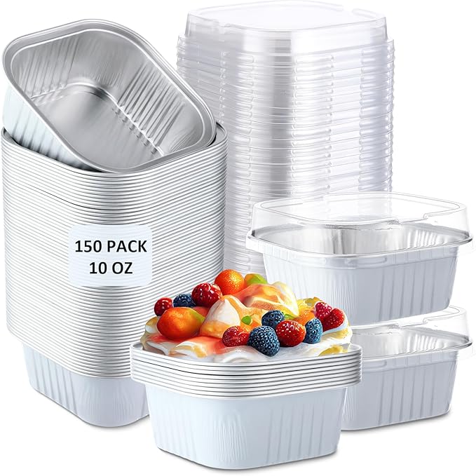 Aoriher 150 Pieces 10 oz Mini Cake Pans with Lids Aluminum Foil Baking Cups Square Disposable 4" x