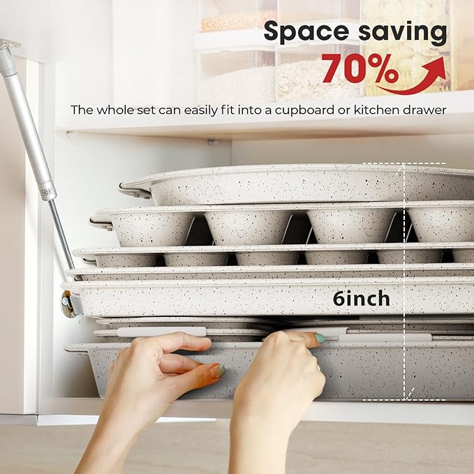 11-Piece Kitchen Nonstick Stackable Bakeware Set, Non Toxic Bakeware Sets with Silicone Handles