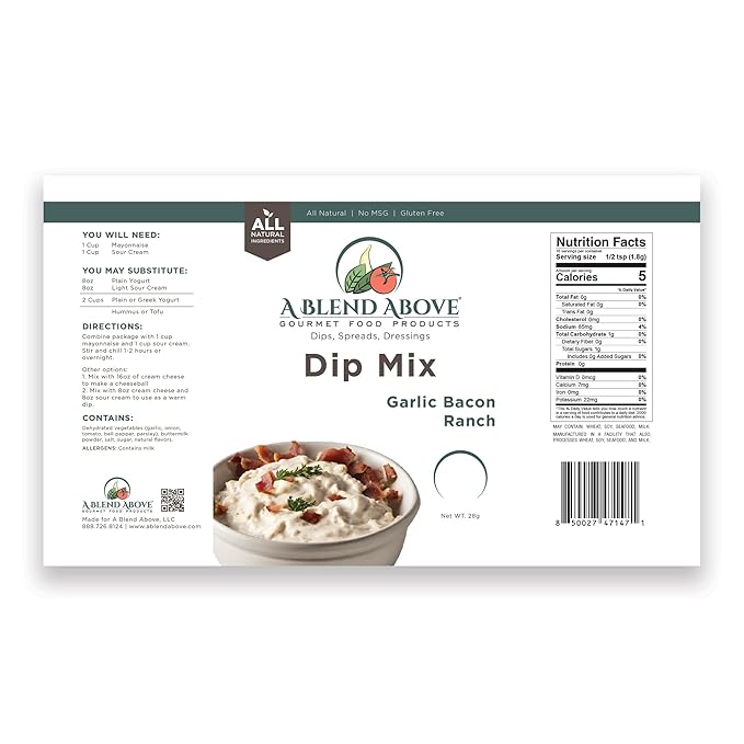 A Blend Above Garlic Bacon Ranch Dip Mix, 3 Packs, 1 oz. Each, Makes 16 Ounces, Gluten-Free, No