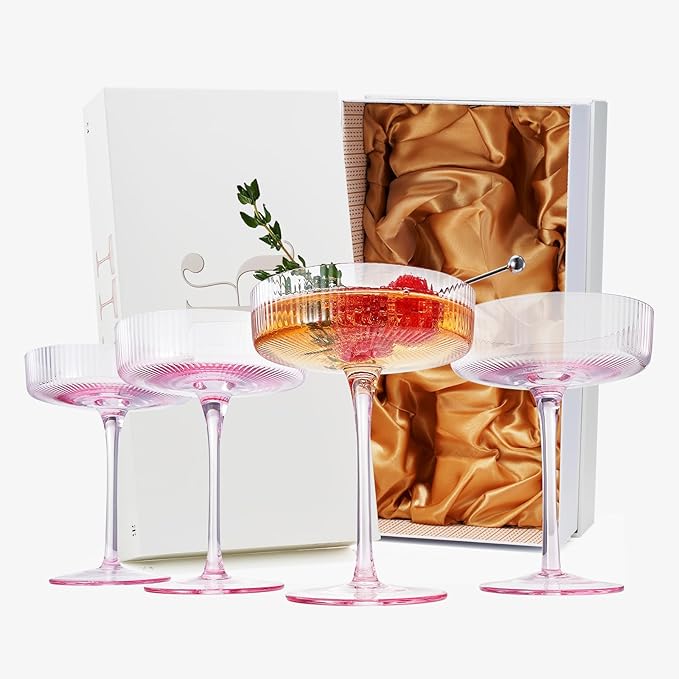 Khen Ribbed Vintage Art Deco Coupe Glasses - Martini, Champagne & Cocktail Ribbed Glasses 8oz |