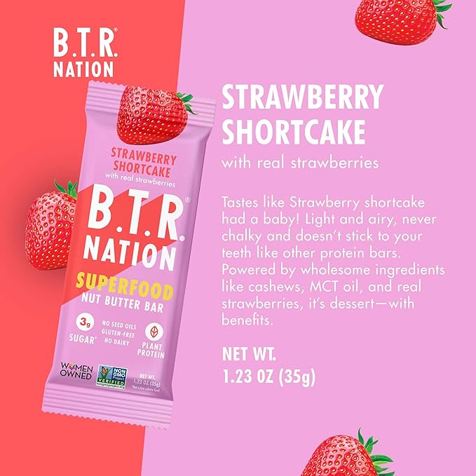 B.T.R. Nation Vegan Superfood Protein Bars - Strawberry Shortcake VITALITY | 12 Bars | Keto, Plant