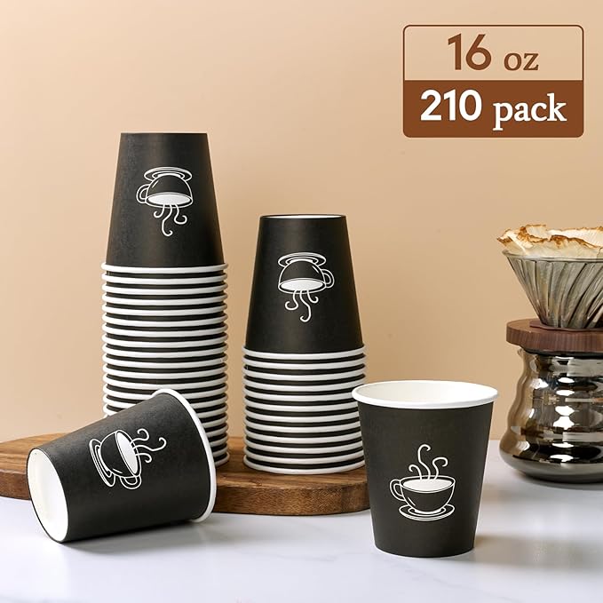 16 oz Paper Coffee cups, 210 Count, Disposable Drinking Cups for Parties, Office Use, and Everyday