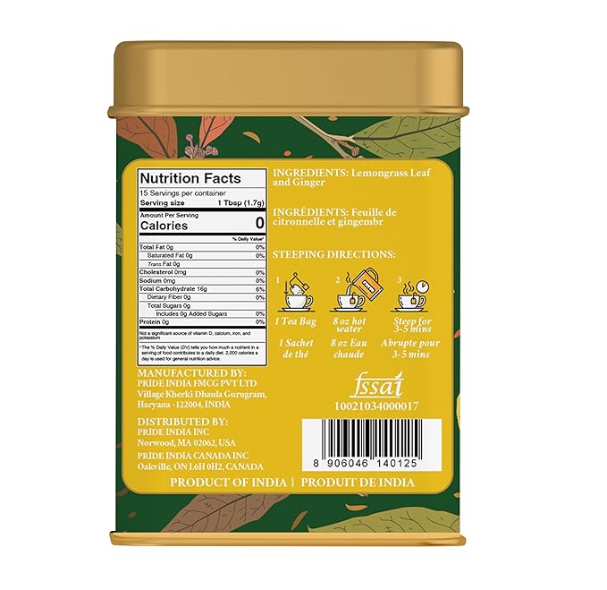 Pride of India | Lemongrass Ginger Zesty Fresh Tea | 15 Pyramid Full Leaf Individually Wrapped Tea
