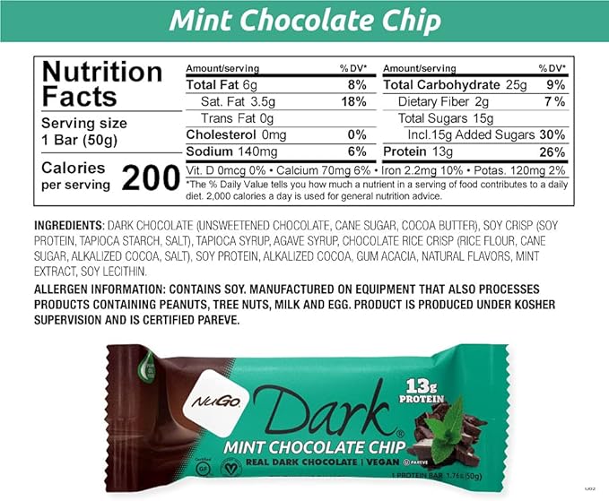 NuGo Dark Variety - Mint Chocolate Chip 12 Bars & Chocolate Chocolate Chip 12 Bars, 12-13g Protein