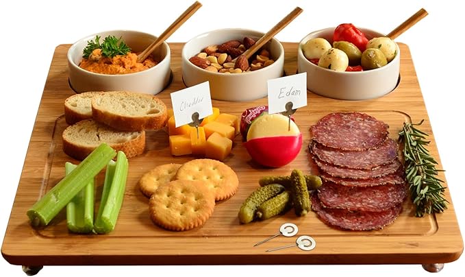 Picnic at Ascot Bamboo Cheese Board/Charcuterie Platter - Includes 3 Ceramic Bowls with Bamboo