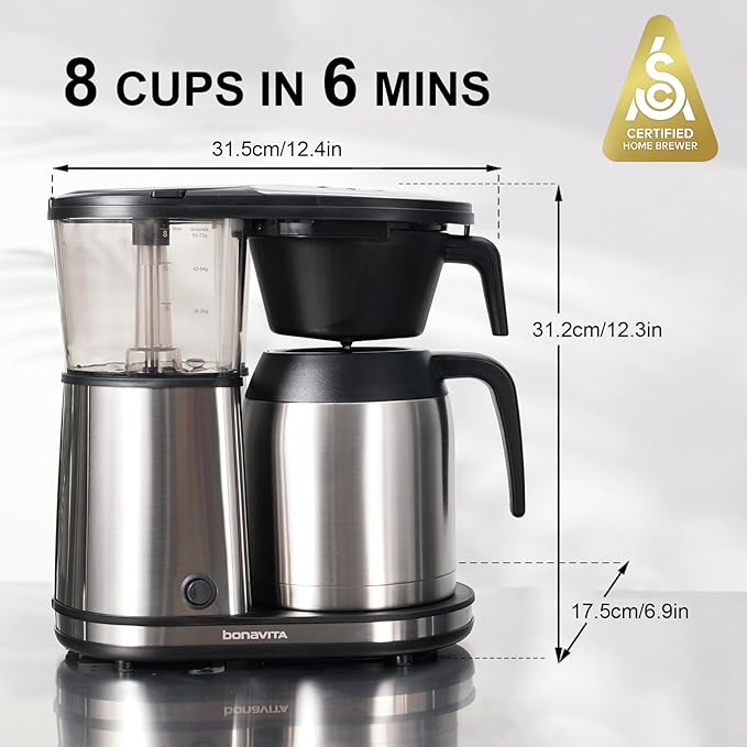 Bonavita 8 Cup Drip Coffee Maker Machine, One-Touch Pour Over, Auto Pause Brewing with Stainless