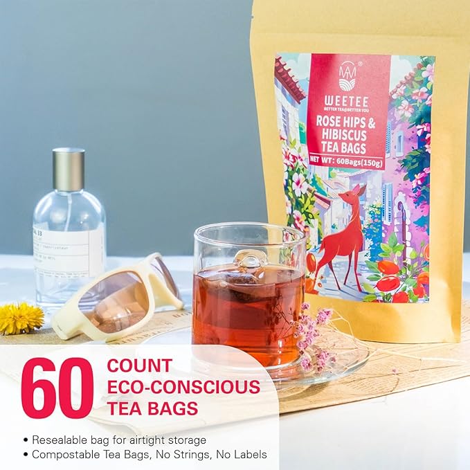 WT WEETEE Rosehips Hibiscus Tea Bags, Made with Rosehip & Hibiscus Flowers, Natural Caffeine-free
