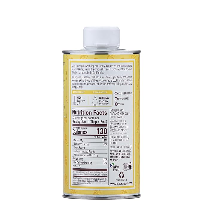 La Tourangelle, Organic High Oleic Sunflower Oil, Neutral Oil For Medium to High Heat Cooking and