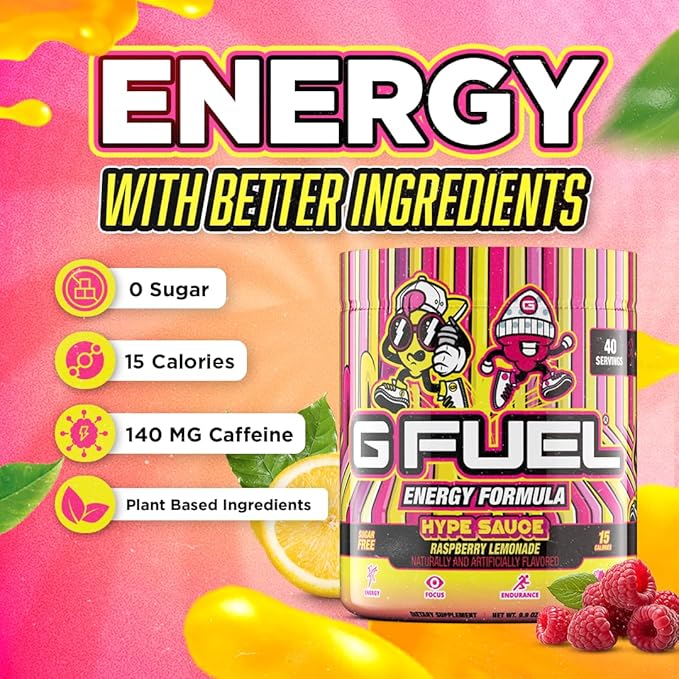 G Fuel Hype Sauce Energy Drink Powder, Pre Workout Caffeine Mix for Gaming, Sugar Free Focus Amino