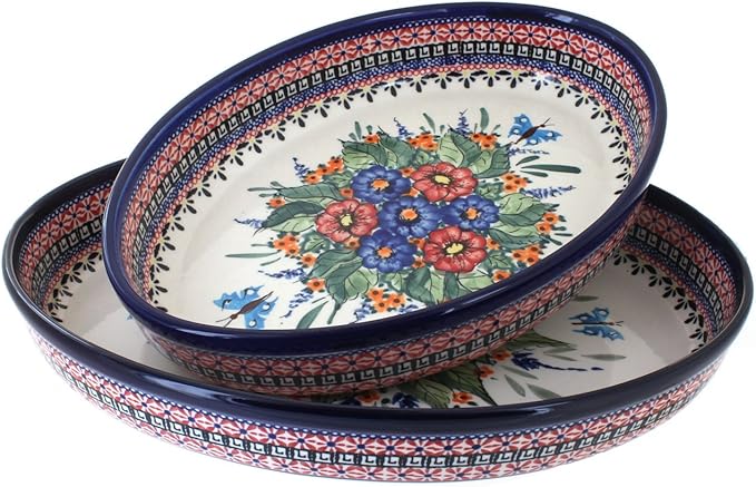 Blue Rose Polish Pottery - Red Floral Butterfly Oval Baker Set - 2 Bakers - Unique, Dishwasher